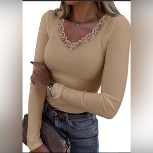 Beige Lace Accent Long Sleeve Top